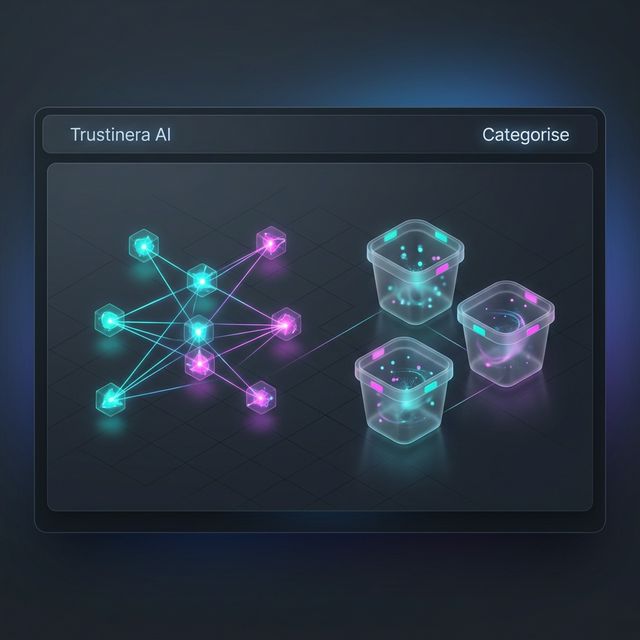 Categorise Module interface representing real-time AI transaction categorization with vibrant glowing neon colors sorting raw data streams.