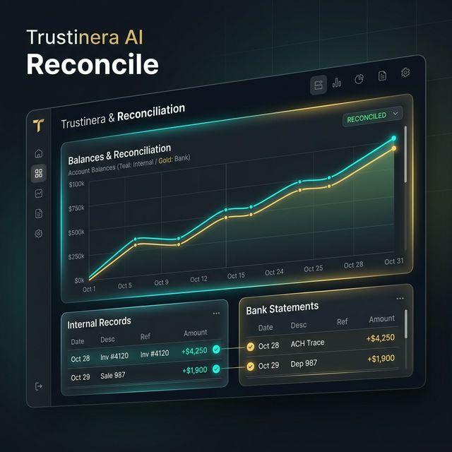 Reconcile Module web interface depicting automated bank reconciliation connecting data streams with elegant gold and bright blue accents.