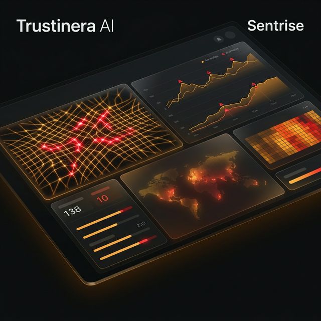 Sentrise Module interface focused on real-time AML and fraud scoring, showing glowing shields and radar elements.