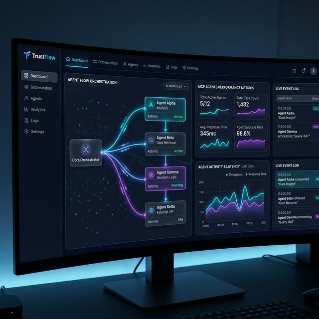 TrustFlow Dashboard showing AI Agent Orchestration, performance metrics, and real-time processing graphs in dark mode