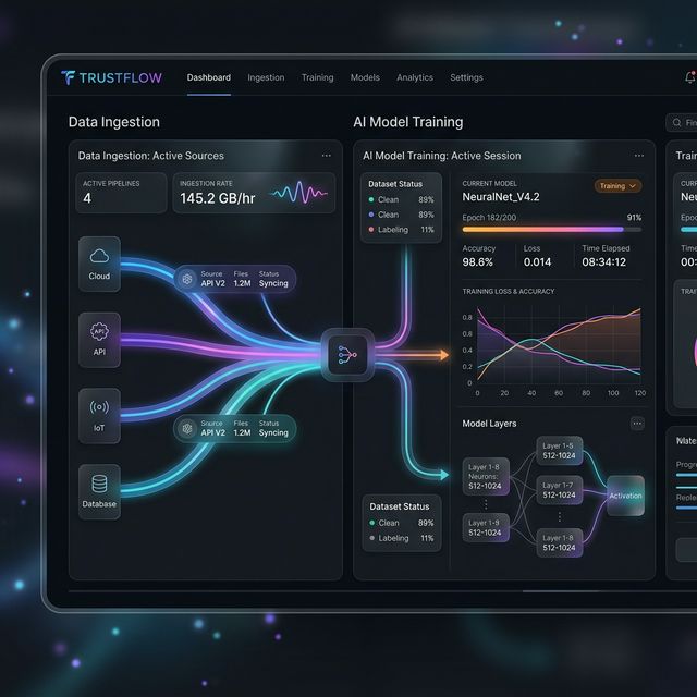 TrustFlow Data Ingestion and AI Model Training interface mockup showing colorful gradient data streams.